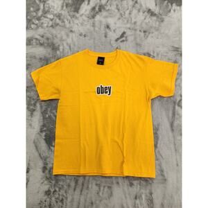 Vintage 90s OBEY Boxy Crop Logo Graphic Tee Size M Mustard Yellow Cotton Summer